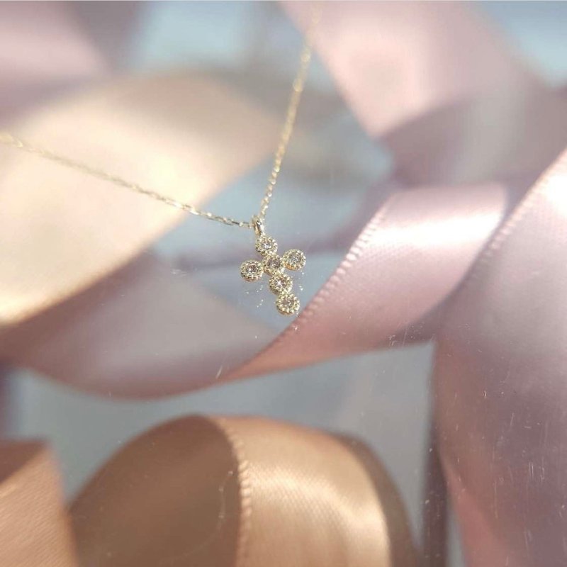 Christmas gift made in Japan 5 points real diamond 18k yellow gold retro mini cross necklace cross - สร้อยติดคอ - เครื่องประดับ สีทอง