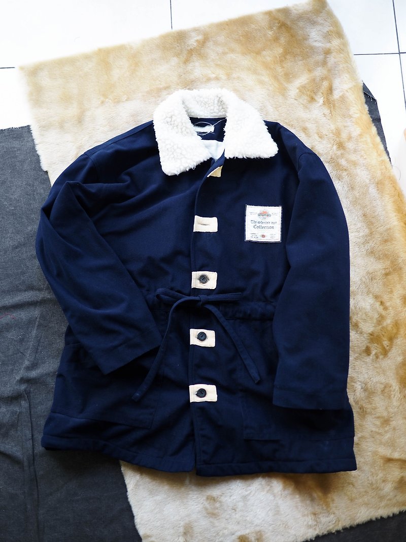 Hiroshima deep sea blue fur collar youth log antique suede drawstring coat jacket vintage overcoa - Women's Casual & Functional Jackets - Cotton & Hemp Blue