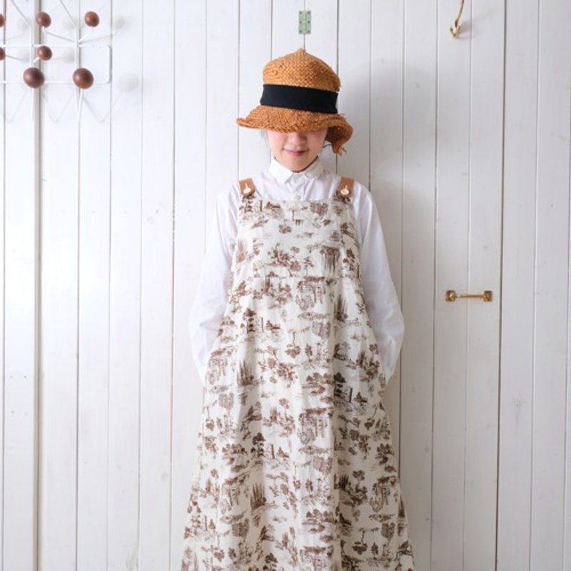 "We can tailor it for you" Cotton poplin dress, landscape pattern, Brown - ชุดเดรส - ผ้าฝ้าย/ผ้าลินิน 