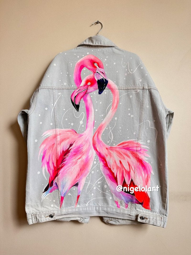 Painted denim jacket Flamingo Custom denim jackets Personalized jean jackets - 女大衣/外套 - 棉．麻 多色