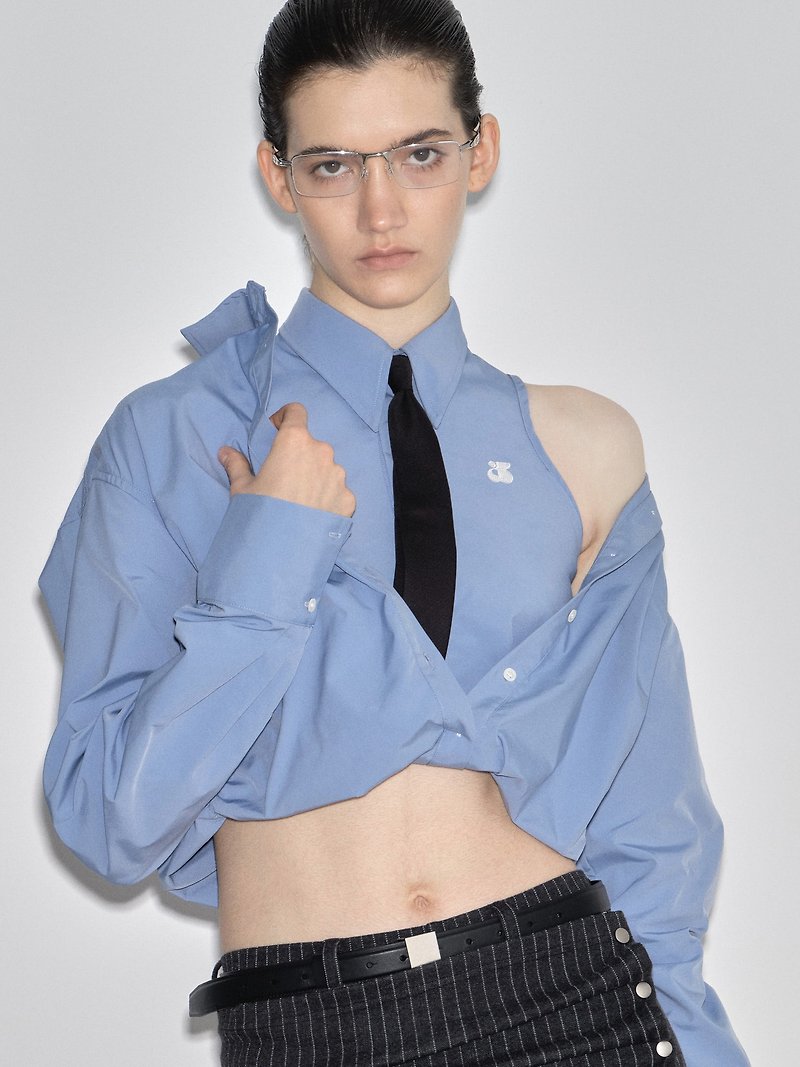 淡藍色 雙層廓形抽褶襯衫 Double Layered Shirt with Inner Vest - 女裝 背心 - 聚酯纖維 藍色