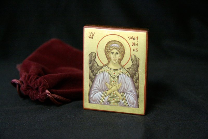 hand painted orthodox wood icon Saint Archangel Selaphiel pocket size miniature - 其他 - 木頭 紫色
