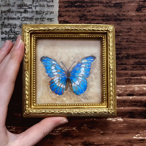 小さなモルフォ蝶の絵, Morpho rhetenor helena,額縁付き,原画