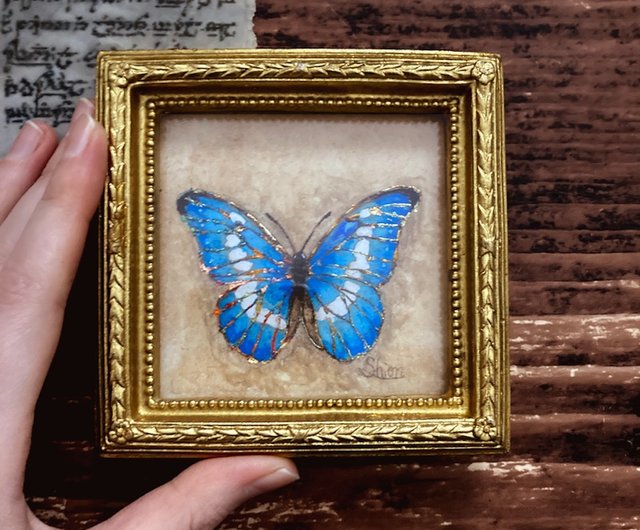 小さなモルフォ蝶の絵, Morpho rhetenor helena,額縁付き,原画