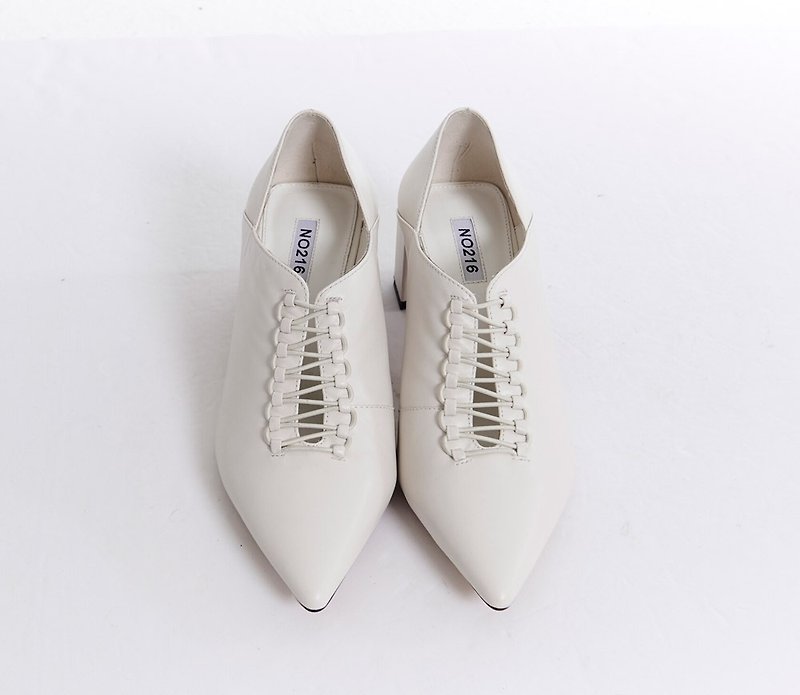 Cross string hexagonal leather heel shoes beige - High Heels - Genuine Leather White