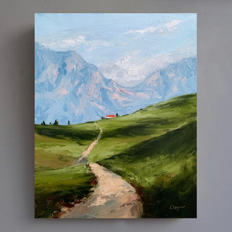Original Greesn Landscape Road Art Mountain Oil Painting On Canvas  Impasto Art - 壁貼/牆壁裝飾 - 棉．麻 多色
