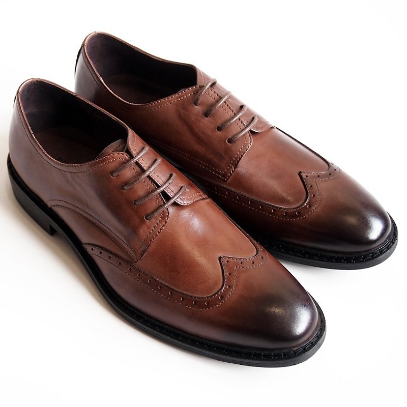 翼パターン刻まれた革靴紳士靴と手塗りの木製カーフレザーダービー - ブラウン - 送料無料-D1A72-89 - オックスフォード靴 メンズ - 革 ブラウン