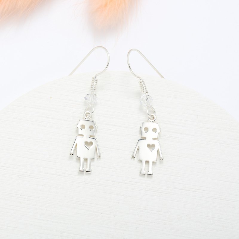 Cute Robot s925 sterling silver earrings (changeable ear clips) - Earrings & Clip-ons - Sterling Silver Silver