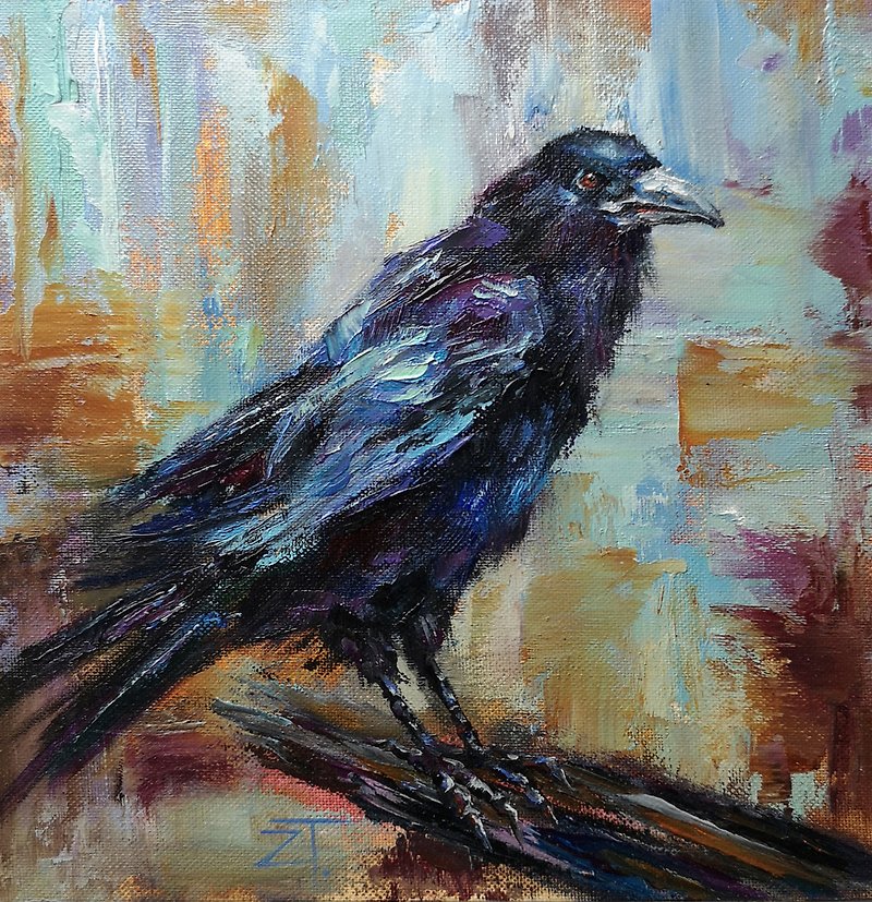 Raven Painting Original Art Oil Painting Artwork on Canvas panel Birds Wall Art - Posters - Other Materials 