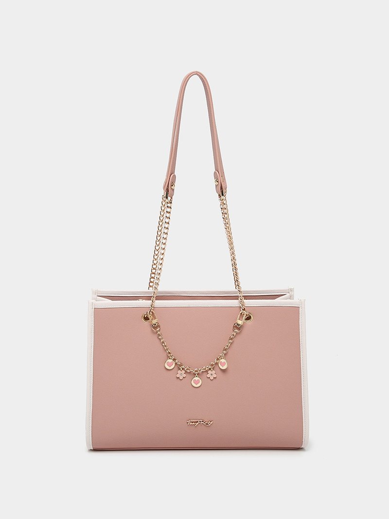 撞色小花吊飾簡約大袋 - 手提包/手提袋 - 其他材質 粉紅色