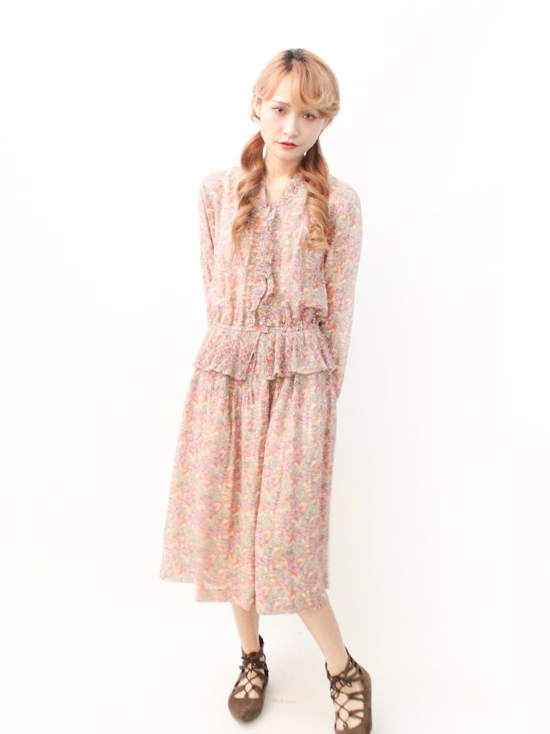 日本製復古典雅花朵藕粉色薄長袖古著洋裝 Vintage Dress - 洋裝/連身裙 - 聚酯纖維 紅色
