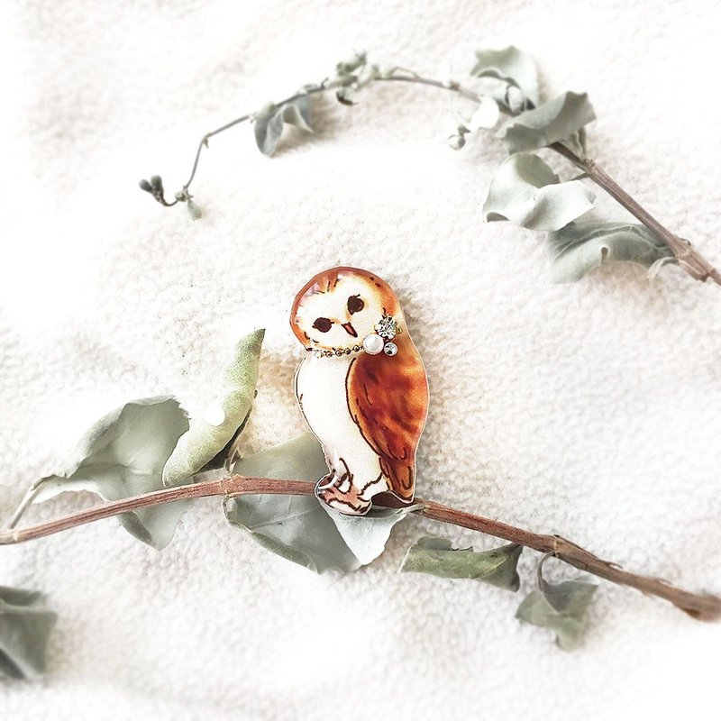 Barn owl brooch barn owl brooch Christmas autumn winter animals - เข็มกลัด - พลาสติก สีนำ้ตาล