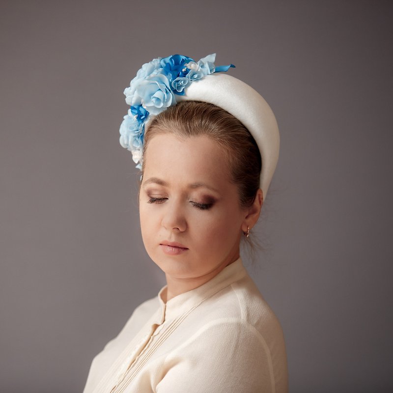 Baby blue wedding fascinator headband. Padded velvet headband for special events