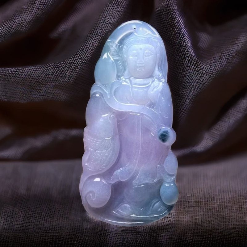 冰種紫羅蘭飄花翡翠精雕觀音菩薩 | 天然緬甸玉翡翠A貨 | 送禮 - 吊飾/掛飾 - 玉石 紫色