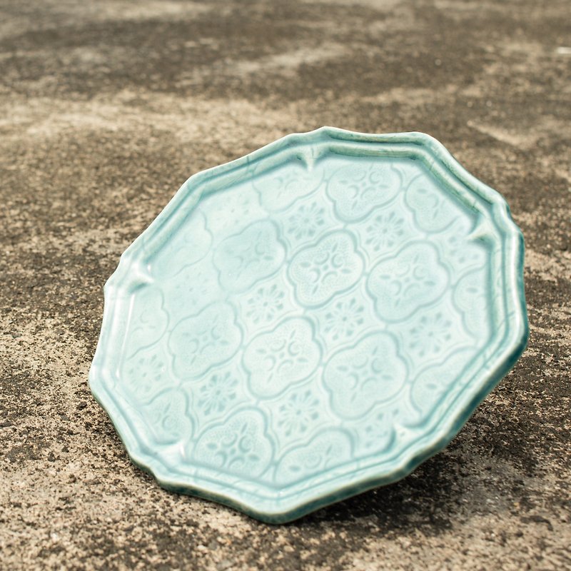 陶泥置物碟 - 海棠玻璃紋十角形碟 - 盤子/餐盤 - 陶 綠色