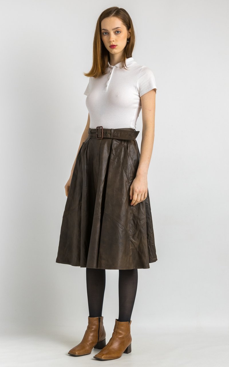 70s Leather Midi Skirt / High Waist Leather Midi Skirt Medium Skirt 6154 - กระโปรง - หนังแท้ สีนำ้ตาล