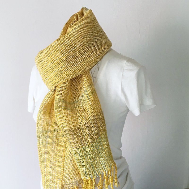 【French Linen & Hemp & Cotton: All Season】 Unisex: Hand-Woven Stole "Yellow Mix" - ผ้าพันคอ - ผ้าฝ้าย/ผ้าลินิน สีเหลือง