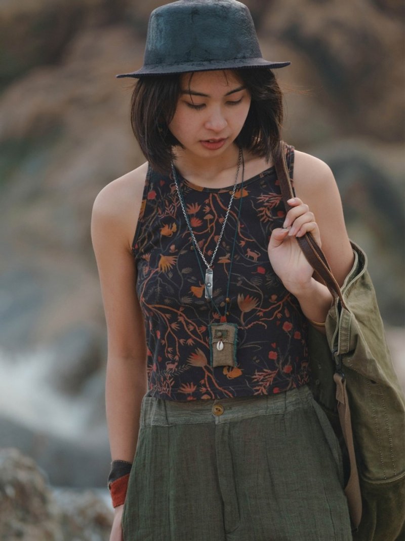 2顔色 全棉針織復古印花上衣 小圓領無袖瑜伽背心 - 女上衣/長袖上衣 - 棉．麻 咖啡色