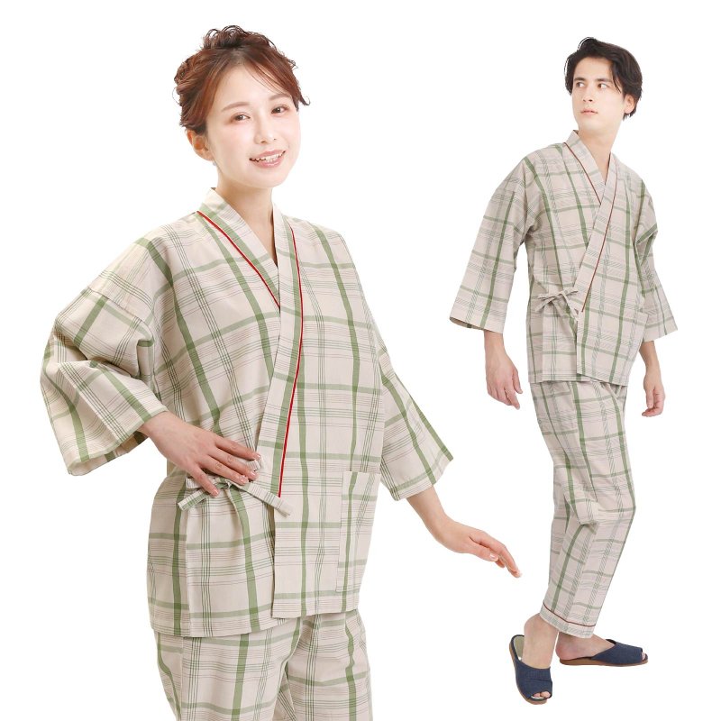 日本 和服 格子 作務衣 日式 休閒 室內服 睡衣 男女通用 浅褐色 - 帽T/大學T - 棉．麻 卡其色