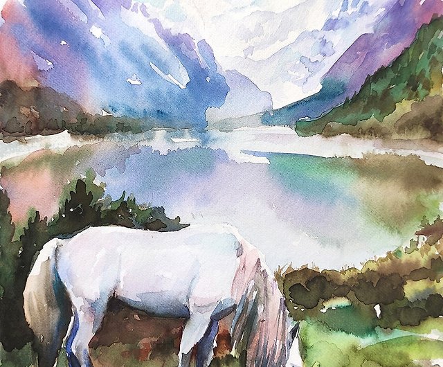タホ湖の絵画の山々水彩画のオリジナルアート馬の絵画の風景