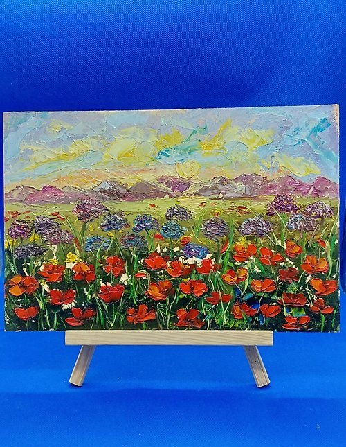 CosinessArt Red Poppy. Mountains Bright Sky Original Oil Painting Handmade Wall Art Painting