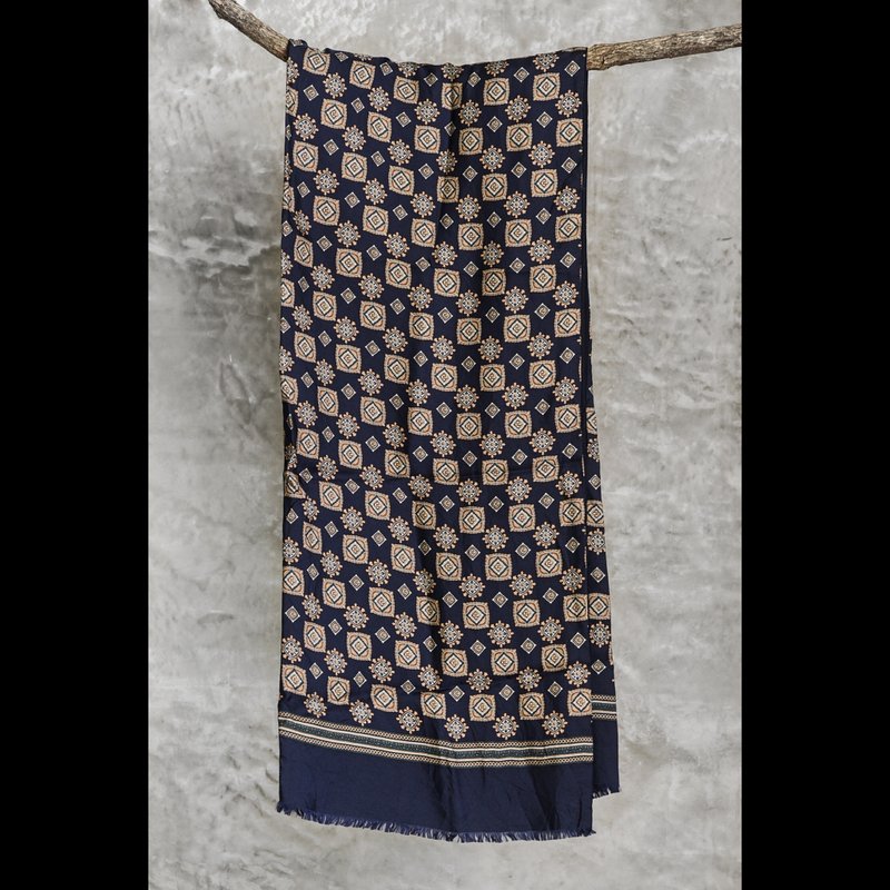 French Paris Marais Vintage Royal Print Indigo Long Version Pure Silk Wool Double Layer Scarf - Knit Scarves & Wraps - Silk 