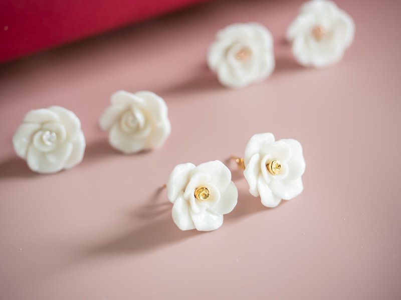 Rose Porcelain Earrings - Sterling Silver 925 - 耳環/耳夾 - 瓷 白色