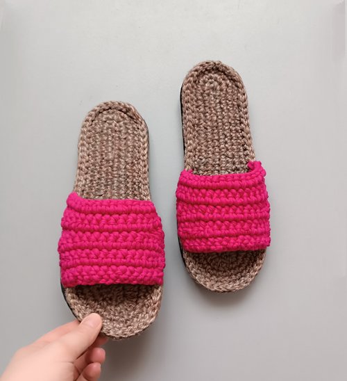 KnittingCity 手工製作拖鞋 女式露趾涼鞋 防滑平底室內環保家居麻布