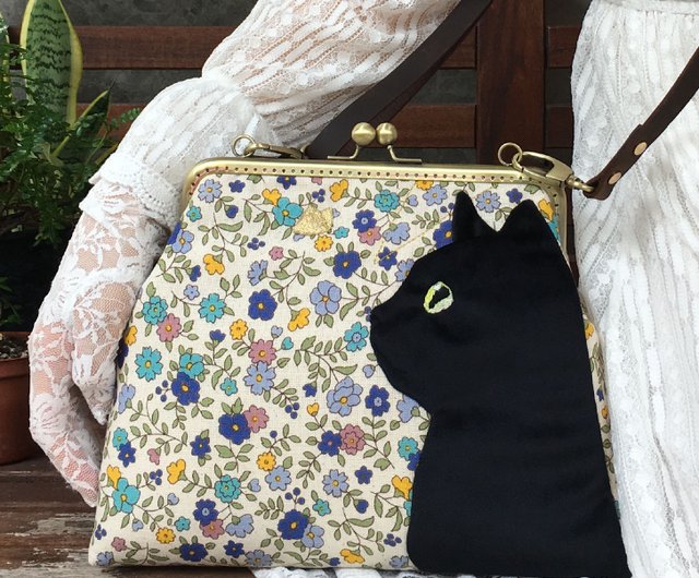 黒猫 花柄 がま口 可愛い ショルダーバッグ ポシェット