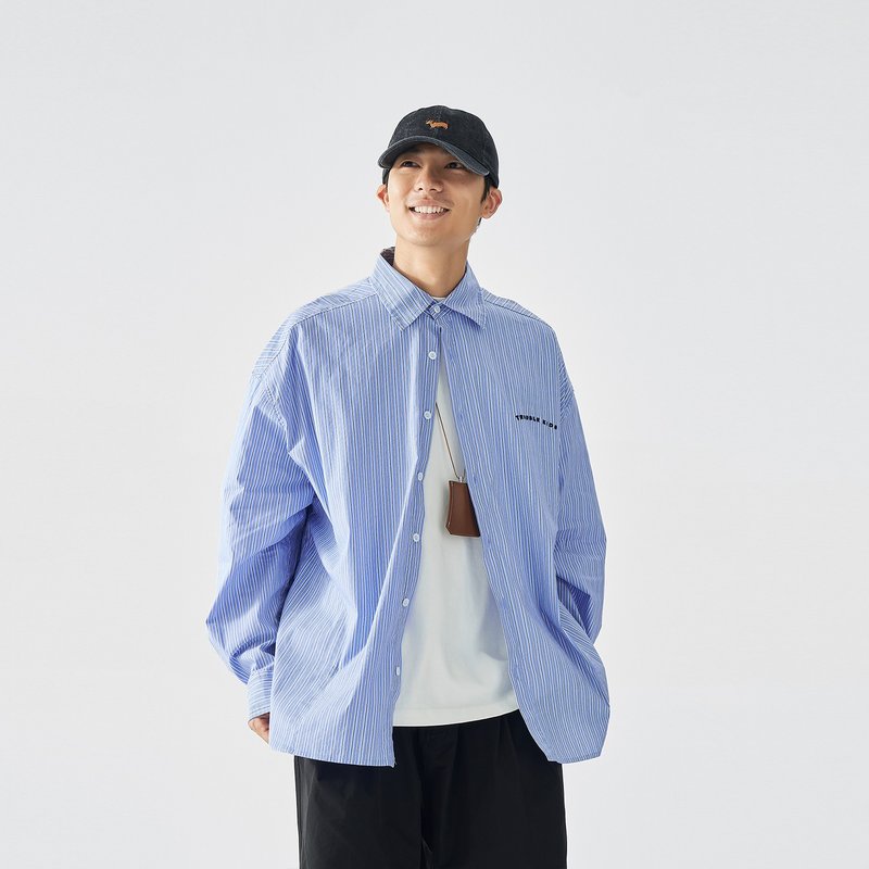 TopBasics 'Trouble Kids' 刺繡條紋襯衫 - 男襯衫/休閒襯衫 - 棉．麻 藍色