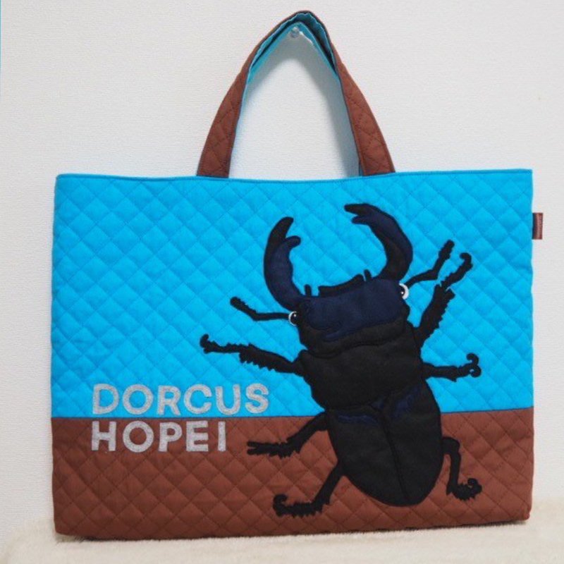 Book Bag - Giant Stag Beetle (Turquoise × Brown) Appliqué/Quilted - อื่นๆ - ผ้าฝ้าย/ผ้าลินิน สีน้ำเงิน