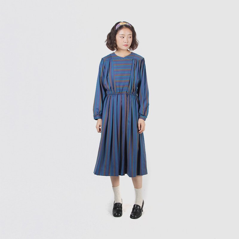 [Egg plant ancient] blue color striped wool vintage dress - One Piece Dresses - Wool Blue