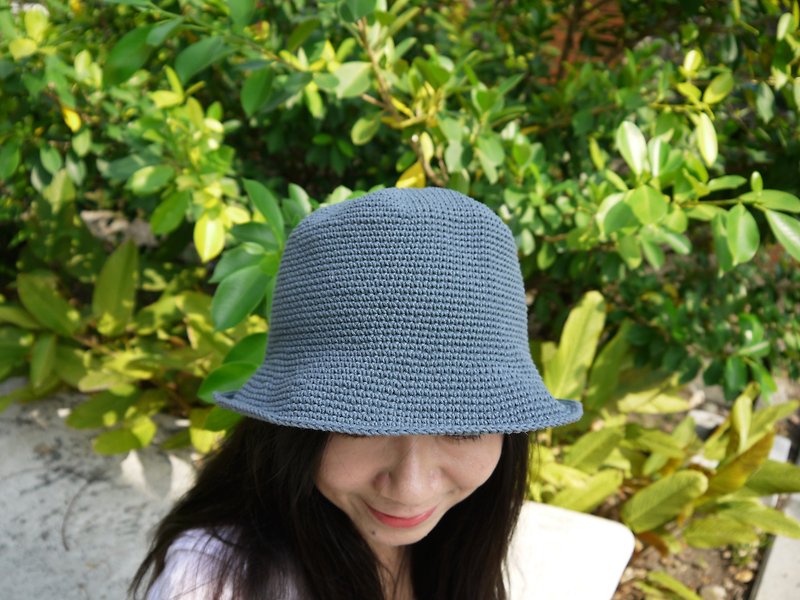 手工編織帽/復古方形漁夫帽/棉繩帽/鐵灰藍/禮物 - 帽子 - 棉．麻 藍色
