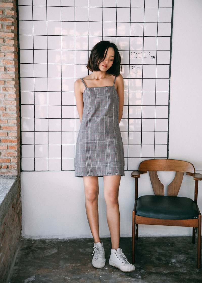 WARM GREY CHECK PLAID CAMI DRESS WITH SPAGHETTI STRAP - One Piece Dresses - Other Materials Gray
