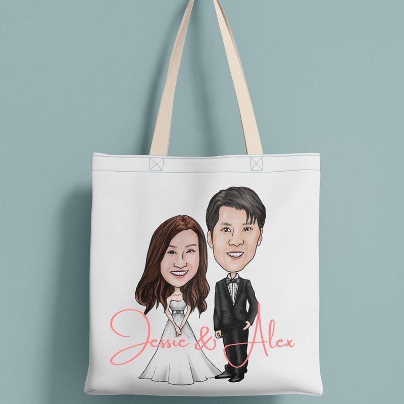 Custom Photo to Cartoon Tote Bag Family Couple Wedding Birthday Anniversary - กระเป๋าถือ - ไฟเบอร์อื่นๆ ขาว