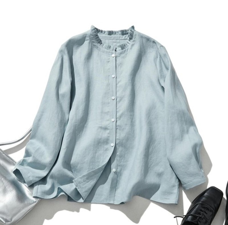 Casually sweet and beautiful blouse Linen from 100% linen fabric Linen shirt blouse Light blue 210804-6 - Women's Tops - Cotton & Hemp 