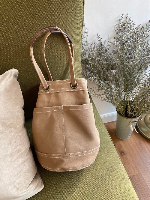 underlinebagsandmore Mini Brown Canvas Bucket Bag with strap /Leather Handles /Daily use