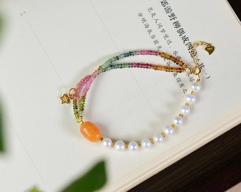 Pearl tourmaline old Wax bracelet double layer rainbow color series clean surface tourmaline with pearls for beauty and skin care - สร้อยข้อมือ - คริสตัล 