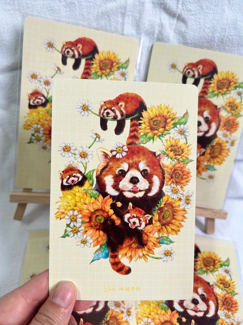 咩豬文創 小浣熊與向日葵花系列手繪水彩明信片postcard