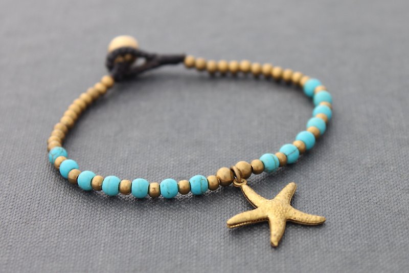 Starfish Charm Beaded Bracelets Brass Stone Turquoise Beaded Woven Hemp - สร้อยข้อมือ - เครื่องประดับพลอย สีเขียว
