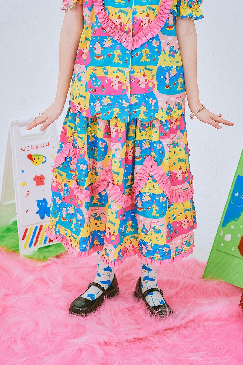 Cute Animal Three Layer Lace Cake Skirt Elastic Long Skirt - กระโปรง - ผ้าฝ้าย/ผ้าลินิน หลากหลายสี