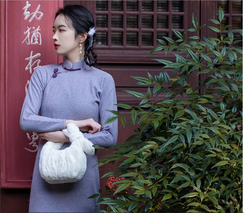 Purple sweet potato and taro paste new Chinese retro long-sleeved knitted imitation cashmere ancient cheongsam - Qipao - Other Materials Purple