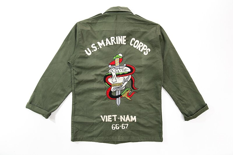 [3thclub Ming Ren Tang] US Marine Corps snake skeleton skull dagger embroidery USM-006 - Men's Shirts - Cotton & Hemp Green