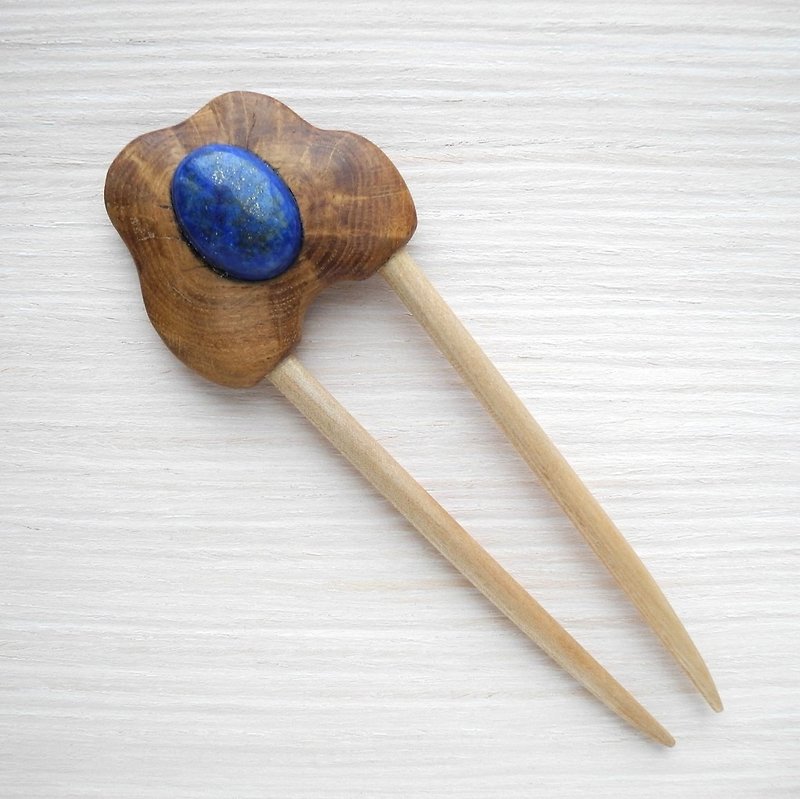 Wooden hair pin with lapis lazuli - 髮夾/髮飾 - 木頭 多色