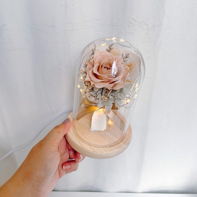 母親節禮盒/客製化禮物 LED玫瑰小花束永生花玻璃鐘罩-奶茶杏 - 乾花/永生花 - 植物．花 卡其色