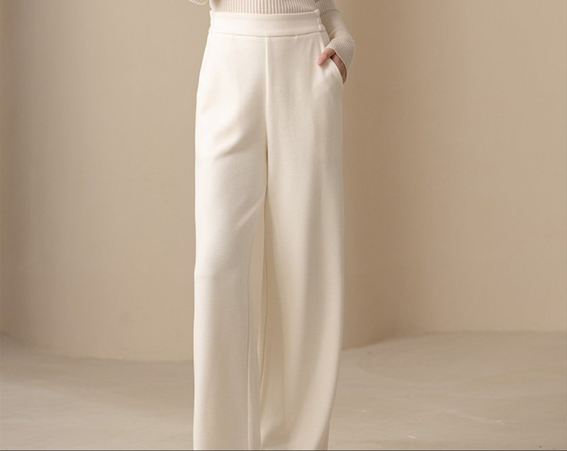 New Chinese style wool straight pants high-end acetate Chinese style autumn and winter thick white wide legs - Women's Pants - Wool White