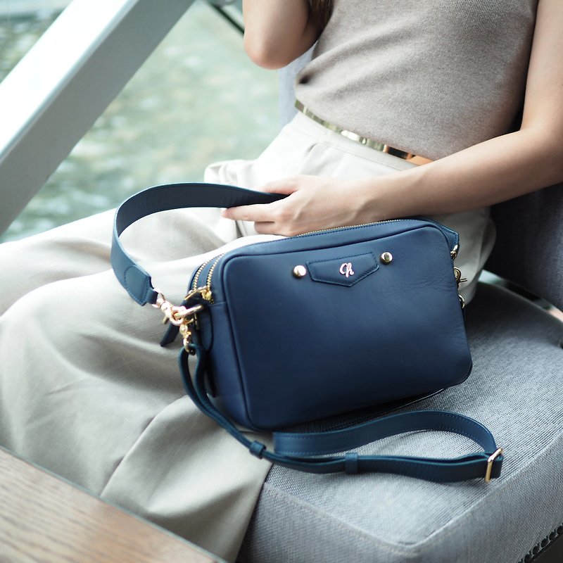 Helen (Denim) : 2 zip cross body bag, cow leather bag, blue, navy - Handbags & Totes - Genuine Leather Blue
