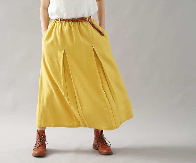 wafu  Linen skirt / tuck design / long length / elastic waist / yellow s018b-cye - Skirts - Cotton & Hemp Yellow