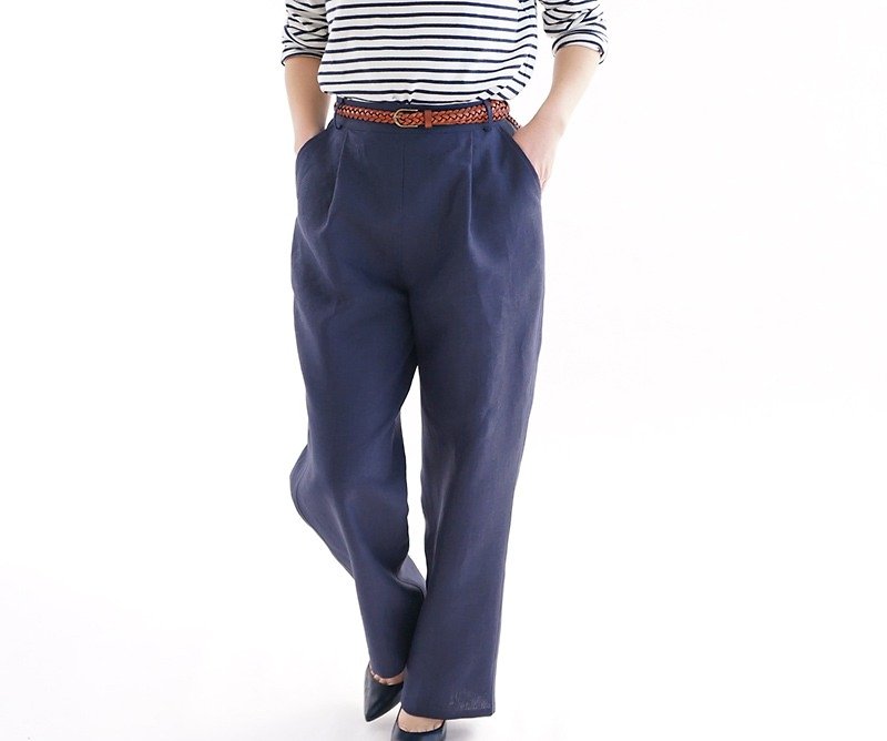 Belgium linen beautiful eyes relax pants / navy bo2-18 - กางเกงขายาว - ผ้าฝ้าย/ผ้าลินิน สีน้ำเงิน