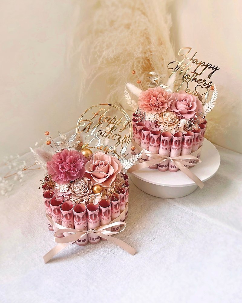 永遠の花紙幣ケーキ l リッチフラワーケーキ 日本の無染色カーネーション 透明ボックス包装付き - ドライフラワー・ブーケ - 寄せ植え・花 ピンク